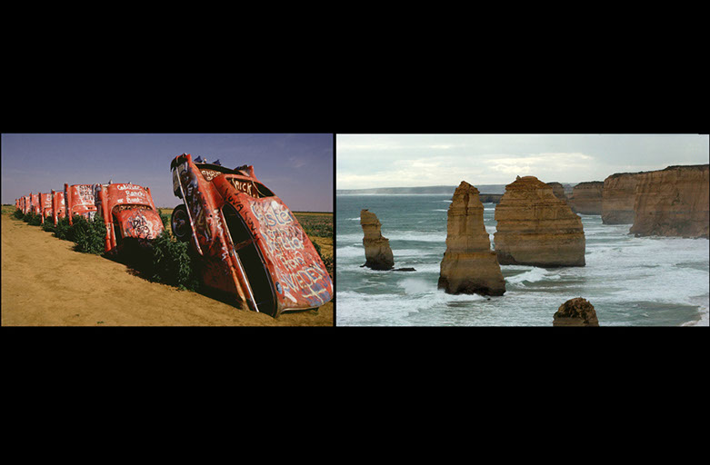 Photo of Cadillac Ranch, Amarillo, Texas and The Great Ocean Road, Victoria, Australia. Linda Johnson Photography, Linda Johnson Photographs.